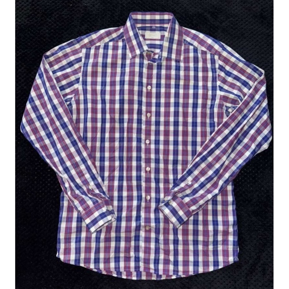 Eton Shirt Mens Blue Purple‎ Plaid Slim Fit Button Up Long Sleeve Sz 16